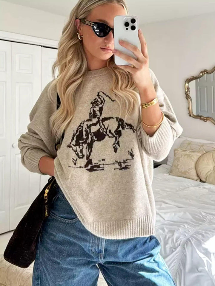 Rundhals sweater med cowboymotiv